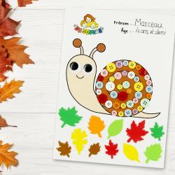 Découvrez une activité facile basée sur le coloriage et le collage.
Imprimez notre motif escargot afin que les enfants puissent le colorier dans un premier temps pour ensuite le décorer en collant des feuilles d'arbre en caoutchouc aux couleurs de