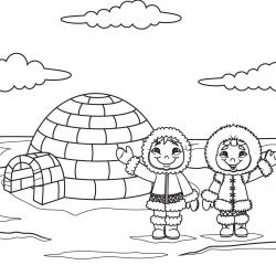 Imprimez votre coloriage d'igloo ou d'inuits gratuitement et proposez à votre enfant un joli coloriage sur le thème de la banquise et de l'hiver. Page 01