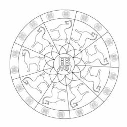 Mandala aux motifs du nouvel an chinois sous le signe du cheval. A imprimer gratuitement