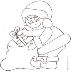 coloriage d'un lutin du père Noël devant le sapin