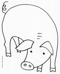 Coloriage d'un cochon de la ferme à imprimer : cochon vu de face avec sa tête et sa queue en tire-bouchon