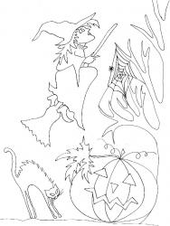 Imprimer le coloriage sorcière au balais et toile d'araignée
