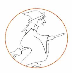 Coloriage d'Halloween : Décors de fenêtre vitrail. Vitrail d'Halloween modèle sorcière à balais