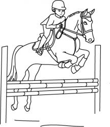 Imprimer le coloriage d'un cheval franchissant un obstacle lors d'une épreuve d'équitation.