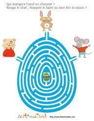 jeu de labyrinthe : lapin, chat, souris et oeuf en chocolat