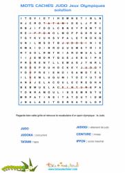 Grille de solution pour identifier l'emplacement des 6 mots de judo cachés dans cette grille.