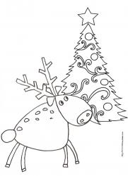 Coloriage d'un renne devant le sapin de Noël