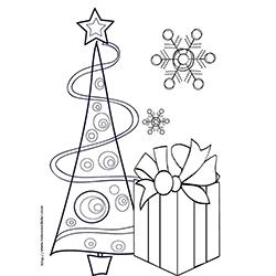 Coloriage d'un gros cadeau devant le sapin