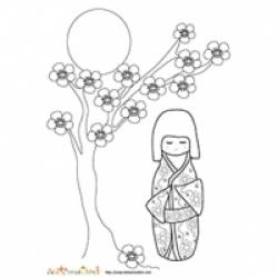 poupée japonaise et fleurs de pêcher