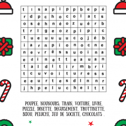 Une grille de jeu de mots cachés sur le vocabulaire du thème de Noël, un jeu sur les mots à connaitre et à reconnaitre, jeu à imprimer