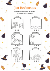 Une activité à imprimer pour apprendre à compter de 1 à 5 pour les enfants de maternelle. Une fois la fiche imprimée, votre enfant doit compter le contenu de chaque bocal et entourer le chiffre qui correspond. Pour terminer, il peut s'amuser à color
