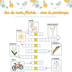 grille de jeu de mots fléchés , niveau maternelle sur le thème du printemps Des petites images illustrent les mots à deviner et à écrire.