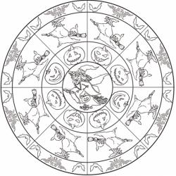 Voici une ronde de sorcières qui tournent sur leurs balais à l'occasion d'Halloween. Un mandala à imprimer pour les coloriages d'Halloween.