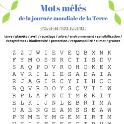 mots mêlés à imprimer gratuitement pour la journée de la Terre le 22 avril. Trouvez les mots en rapport avec les mots mêlés.