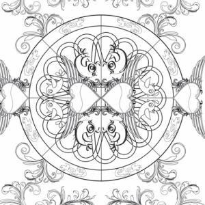 Un coloriage complexe composé d'un mandala, de coeurs ailés et d'arabesques à imprimer. Prenez vos crayons de couleur, retrouvez le plaisir du "lâché prise" et découvrez l'artiste qui est en vous ! Un coloriage romantique, glamour et rock