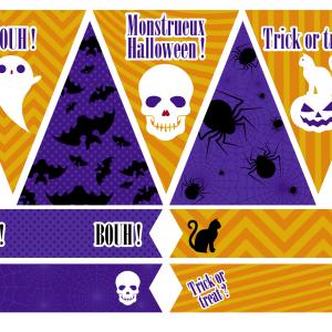 Printables gouter d'Halloween à imprimer pour organiser votre gouter d'Halloween monstrueux ! Des fanions a accrocher sur une ficelle et des cake toppers à plier en deux et à mettre sur des cure dents afin de décorer vos gateaux.