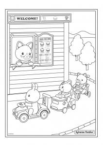 Un dessin à imprimer au drive de Sylvania où les enfants sylvanian commandent leurs plats