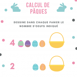 Fiche de calcul de Pâques à imprimer : à votre enfant de dessiner dans chaque panier les quantités d'oeufs indiquées - Dessine dans chaque panier les quantités d'oeufs indiquées dans chaque panier les quantités d'oeufs indiqué