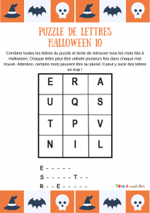 Grille de jeu N°10 des puzzles de lettres sur Halloween. Les enfants devront utiliser les lettres de cette grille pour écrire 3 mots extraits du vocabulaire d'Halloween et du monde des revenants !