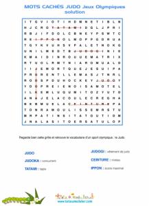 Grille de solution pour identifier l'emplacement des 6 mots de judo cachés dans cette grille.