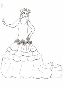 Coloriage de princesse à la robe à volants et traîne