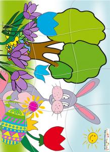 Puzzle du gros lapin de Paques dans les crocus
