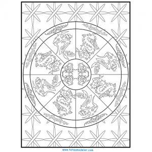 Coloriage thérapie : dragons tribaux en rosace