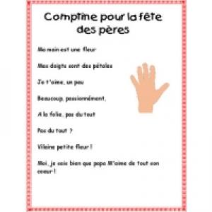 «Comptine pour la fête des pères» est une jolie chanson pleine d’amour et d’attention que votre enfant pourra chanter ou réciter le jour de la fête des pères ou à chaque occasion qu’il aura de lui faire plaisir. Imprimez cette jolie chanson gratuitement e