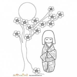 poupée japonaise et fleurs de pêcher
