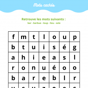 Imprimer le jeu de mots cachés n°2 sur les poissons, une grille pour jouer avec les mots cachés du poissonnier