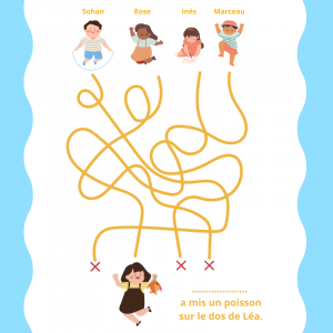 Jeu de fils mêlés à imprimer ,un des quatre garçons a accroché un poisson d'avril dans le dos de Léa. Qui est le farceur? Un jeu sur le thème du 1er avril