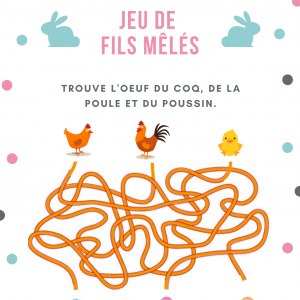 Jeu de fils mà™lés à imprimer , une fillette, une souris et un lapin à la recherche de l'oeuf en chocolat . Un jeu sur le thème de Pà¢ques.