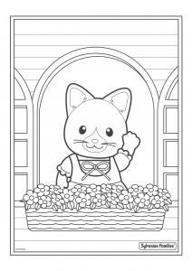 Un dessin à imprimer de maman chat qui salue ses voisins en s'occupant de ses fleurs