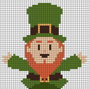 Fabriquez ce beau Pixel Art Leprechaun de Saint Patrick en prenant un quadrillage afin de reproduire les carrés colorés. Vous pourrez alors avoir un superbe leprechaun qui fêtera la Saint Patrick avec vous..