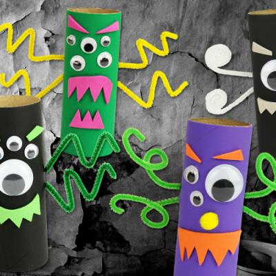 Une activité d'Halloween pour les enfants qui permettra de transformer des rouleaux en carton (ou rouleaux papier toilette) en monstres rigolos ! Faciles à fabriquer, les petits monstres créés pourront même être accrochés partout dans la maison à l